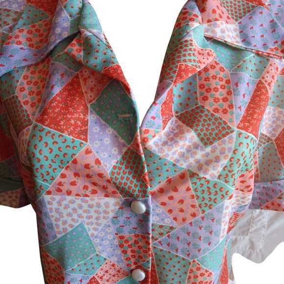 Vtg Large 1970's Blouse Polyester Granny Patchwork Print Short Sleeve Handmade - Picture 1 of 8